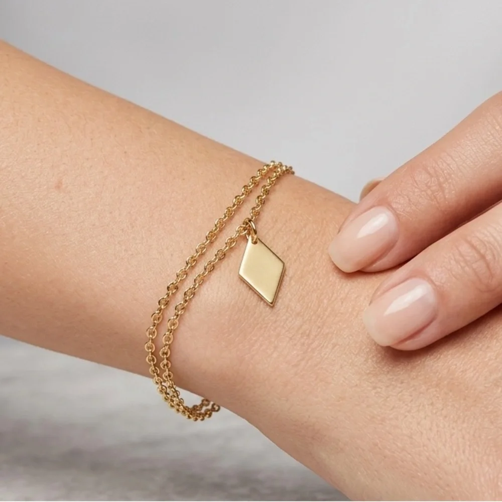 Gold Double Layer Bracelet Anklet | Minimal Diamond Charm Adjustable
